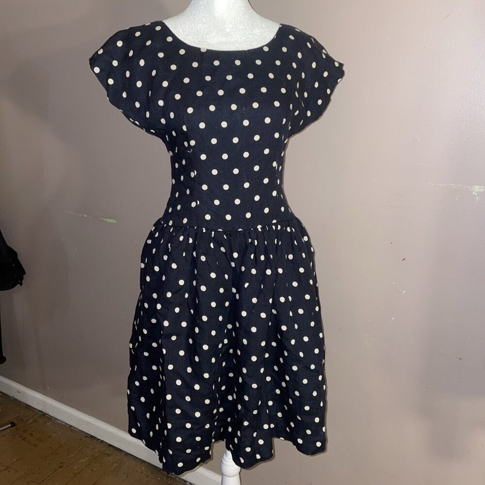 Lilly's Closet Linen A-Line Dress Navy Blue White Polka Dots Cap Sleeve Sz 2